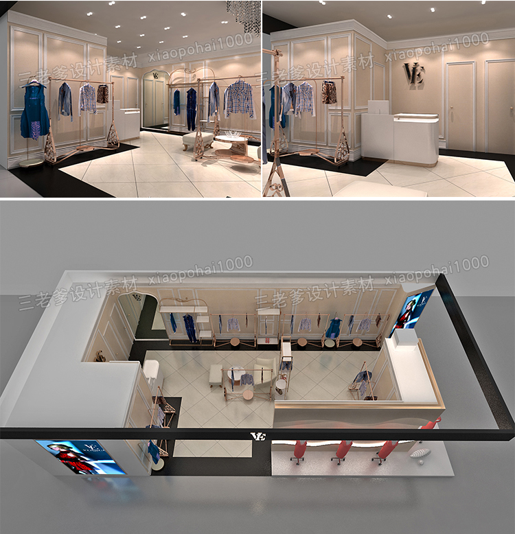 TU03020专卖服装店CAD施工图纸3D效果图库平面图鞋店展示厅...-15