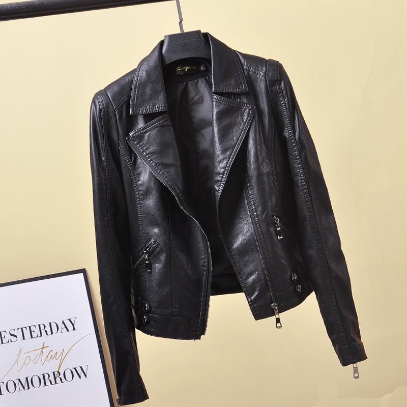 phụ nữ da áo khoác 2019 mới mùa xuân Hàn Quốc phiên bản của cơ thể vừa vặn xe máy phù hợp với cổ áo zip đục ngắn màu đen áo khoác da pu
