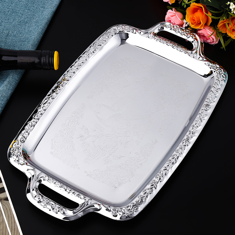 European Retro Craft Metal Tray Silver Hotel Club Fruit Bread Snack Storage Rectangular Plate