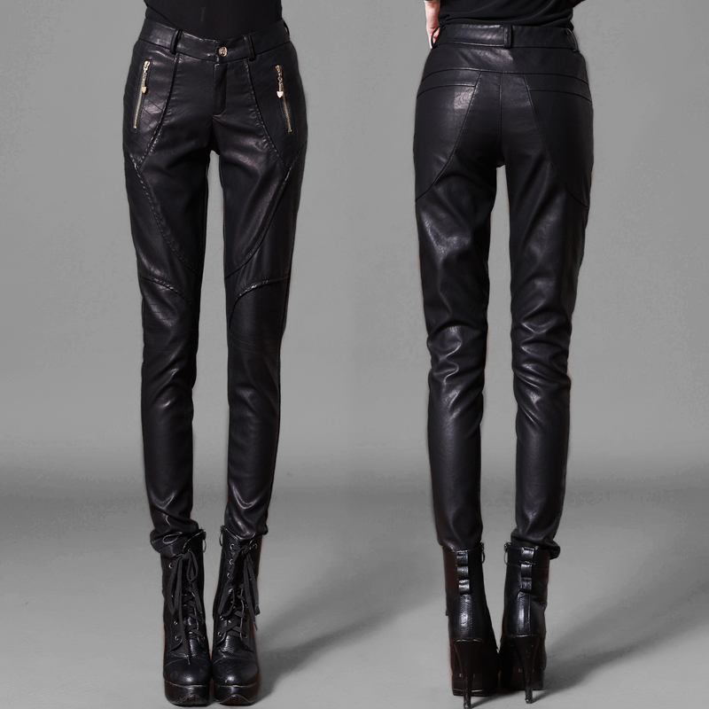 Korean Style Autumn and Winter Thickened Casual Pants for Women, Long Pu Leather Black Stretchy Skinny Pencil Leather Pants for Outerwear and Leggings