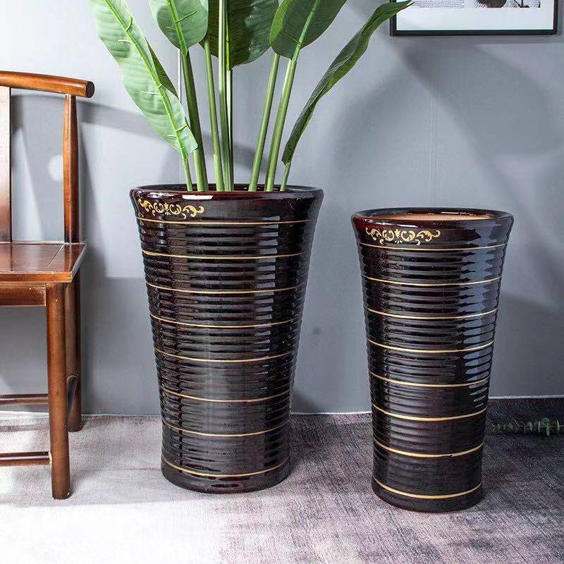 Extra-Large Waist-Shaped Tall Ceramic Flower Pot, Floor-Standing, Minimalist Style, Horizontal Stripe High Vase for Money Tree, Lucky Tree, and Areca Palm