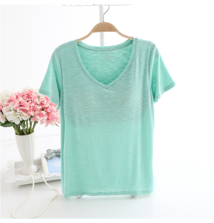 Với ngực pad miễn phí áo ngực ngắn tay T-Shirt nữ mùa hè phần mỏng cotton tre bông đồ ngủ nhà dịch vụ đáy áo loose