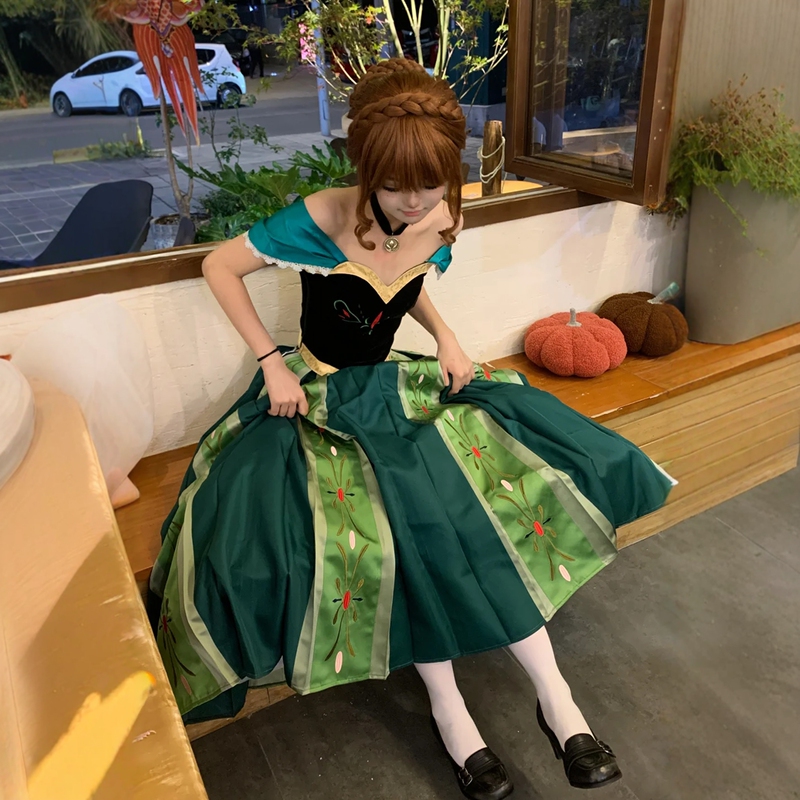 Anna Cosplay Costume Adult Halloween Costume Frozen Princess Coronation Dress Green Embroidered Dress