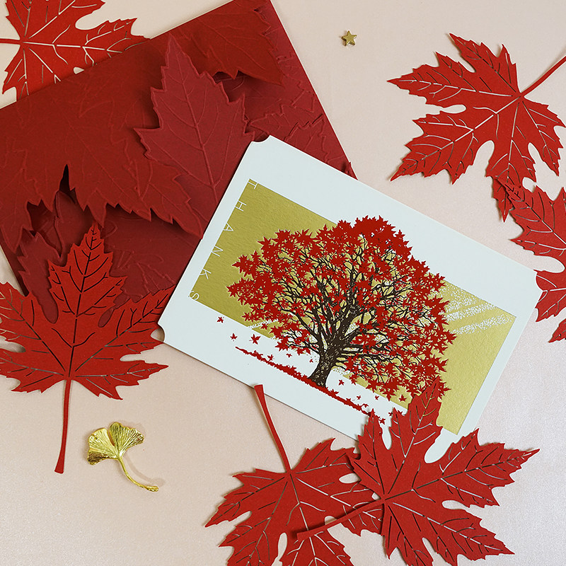 byears White night original Maple leaf thanksgiving thank you bronzing greeting card send teacher teacher Goddess Day blessing card