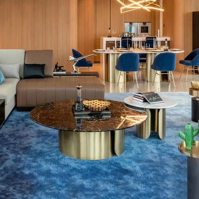 American Light Luxury Round Marble Living Room Tea Several Lauren Black Gold Next Table Stainless Steel Wire Drawing Golden Base