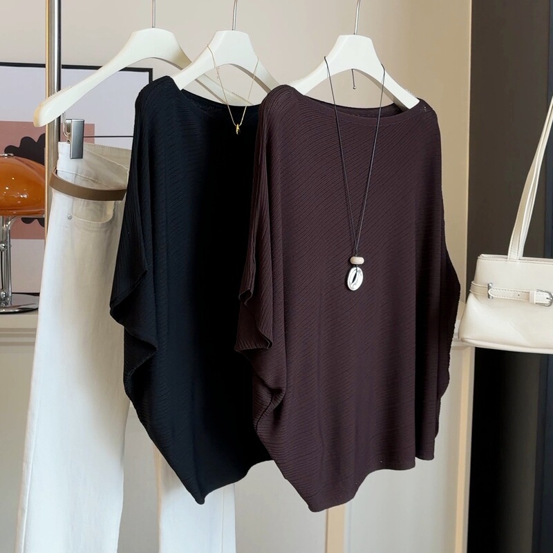 2026 Korean Style Summer New Irregular Shoulder Batwing Sleeve Knit Top Women's Loose Slimming Short-Sleeve T-Shirt Top 2026 Korean Style Summer New Irregular Shoulder Batwing Sleeve Knit Top Women's Loose Slimming Short-Sleeve T-Shirt Top