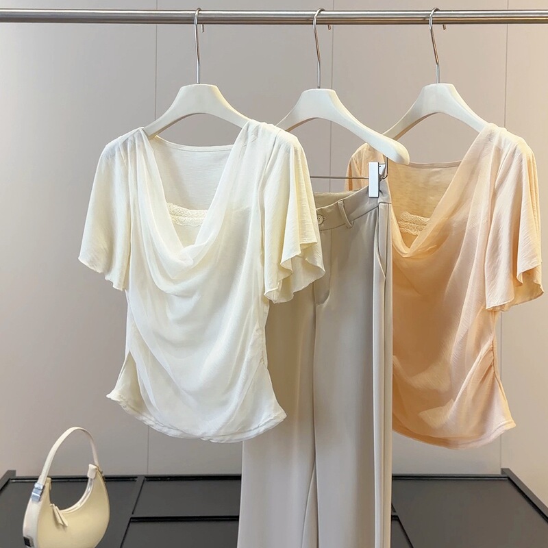 Pure and Alluring Style, Short-Sleeved T-Shirt for Women, New Summer Design, Fake Two-Piece, Waist-Cinching, Ruched, Elegant and Versatile Top with Scarf