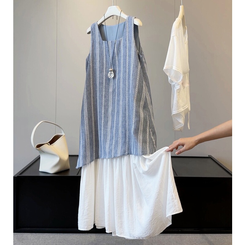 Blue Striped Patchwork Faux Two-Piece Sleeveless Dress for Women, 2026 Summer New Style, Fresh and Age-Reducing Vacation Style Long Dress