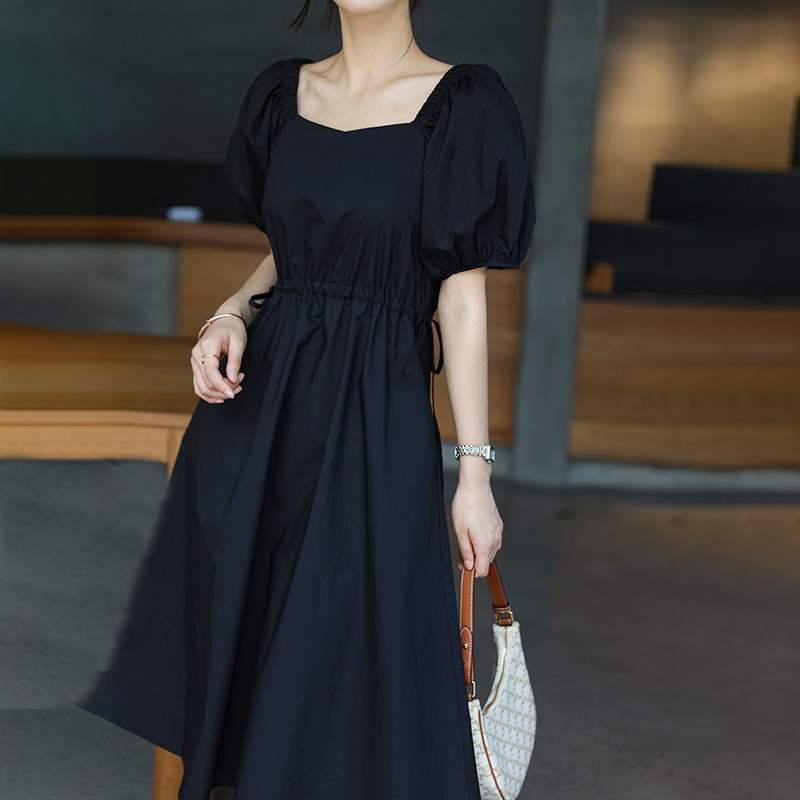 Sandro Svpr Black Ocean Dress 2022 Summer New Retro Square Collar Middle Long Version Loose With Lean Temperament