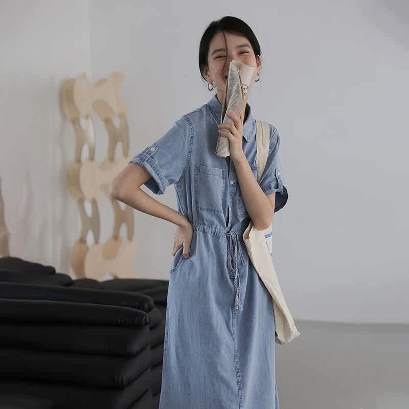Sandro Svpr denim dress 2022 Summer new thin section with long version of slim temperament small