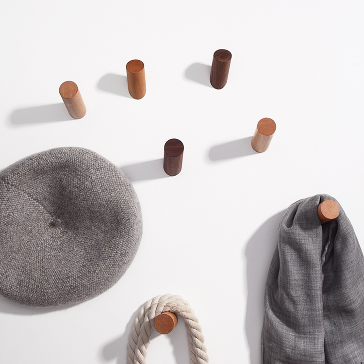 Nordic solid wood hook wooden seamless sticky hook nail-free punch-free storage clothes hook hook tile door rear hook