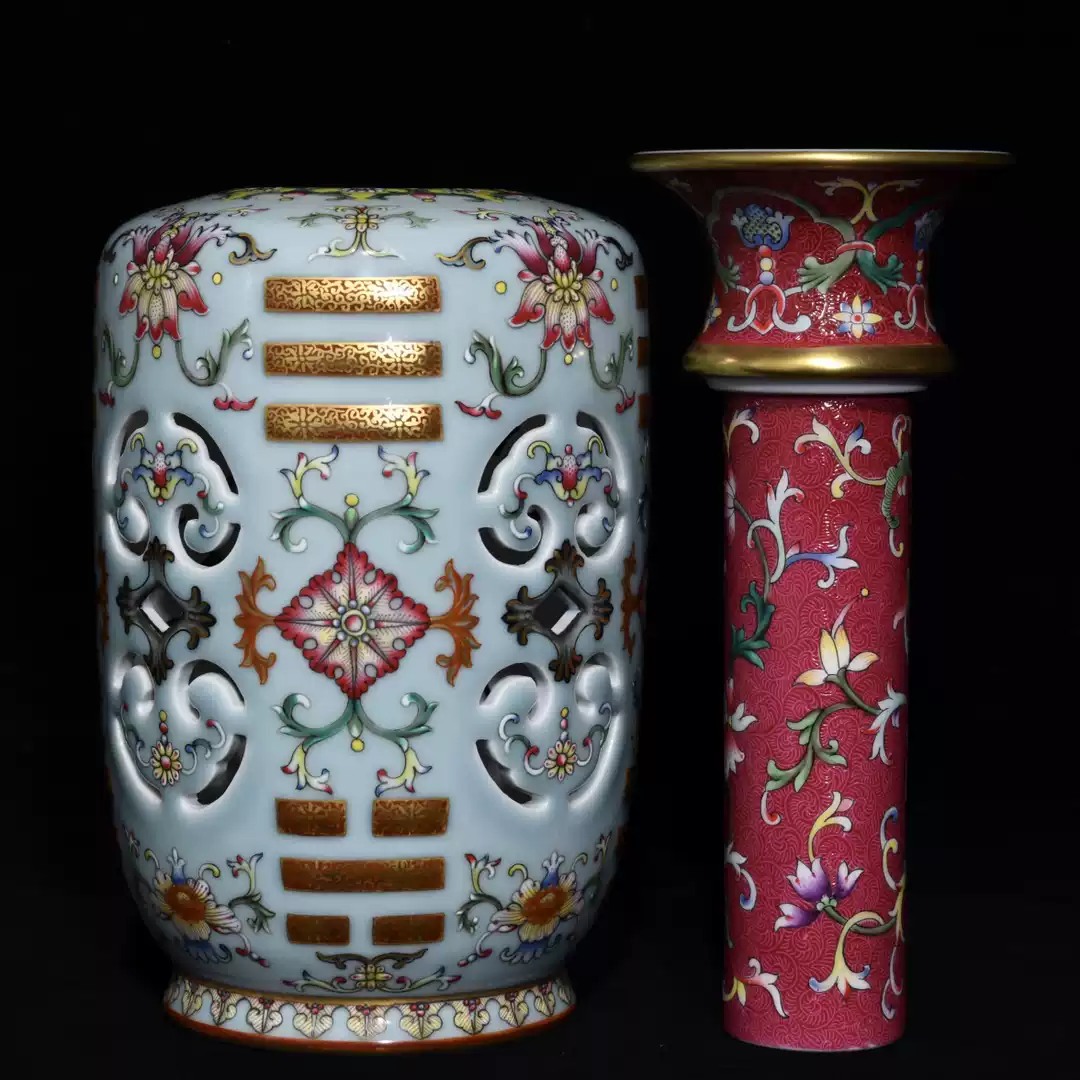 清乾隆珐琅彩鎏金浮雕凤凰戏牡丹纹双耳尊