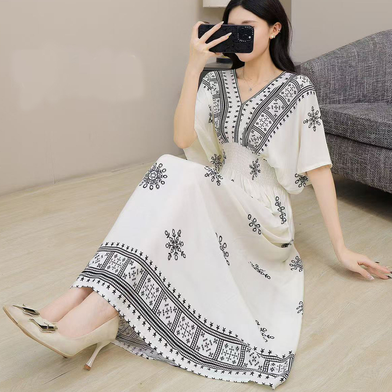Bohemian Resort Style Long Dress, Travel Beach Dress, Long Printed V-Neck Waist Slimming Cotton Silk Dress