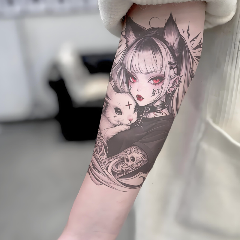 Sweet, Cool, and Beautiful Plush Rabbit Girl with Colorful Cat Tattoo Stickers on Her Arms, Sexy, Waterproof, Rub-Resistant, High-Value Leg Design