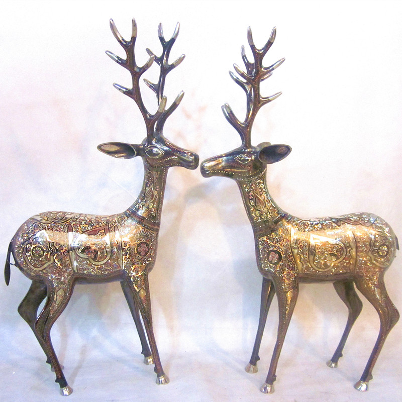 Pakistan Traditional Handicrafts Bronze Sculpture Road with Fou Shou Ping An Fortune Lovers Big Horns for Deer Gifts