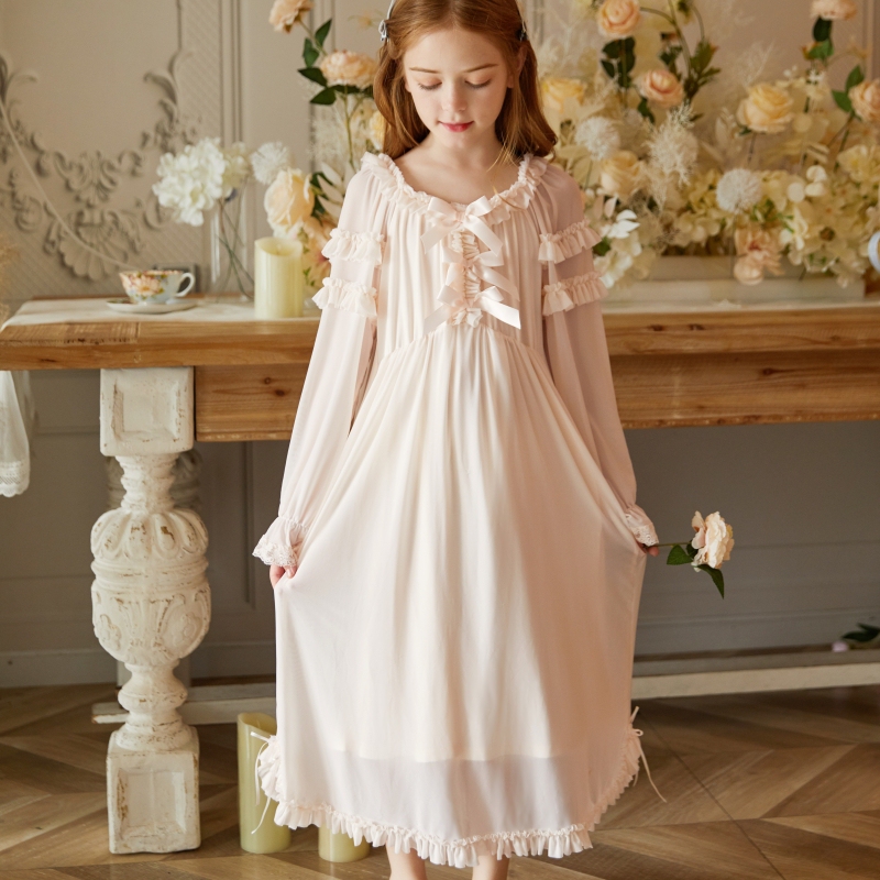 Girls' Princess Palace Style Long-Sleeved Spring and Summer Long Nightgown for Older Children and Girls, Pure Cotton Fairy Home Wear Pajamas