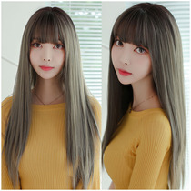 Wig female air banghai long straight hair wig headgear face repair sweet linen long hair wig full headgear