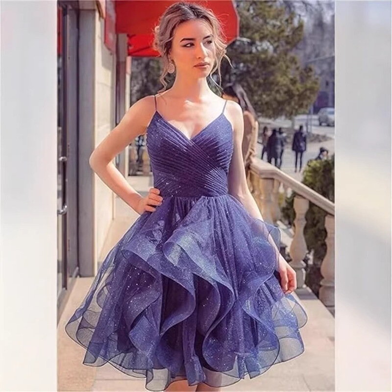 European and American Style Spaghetti Strap Mini Dress, Sexy V-Neck Dress, Sheer Layered Ruffle Cocktail Dress, Ball Gown, Cross-Border Dress