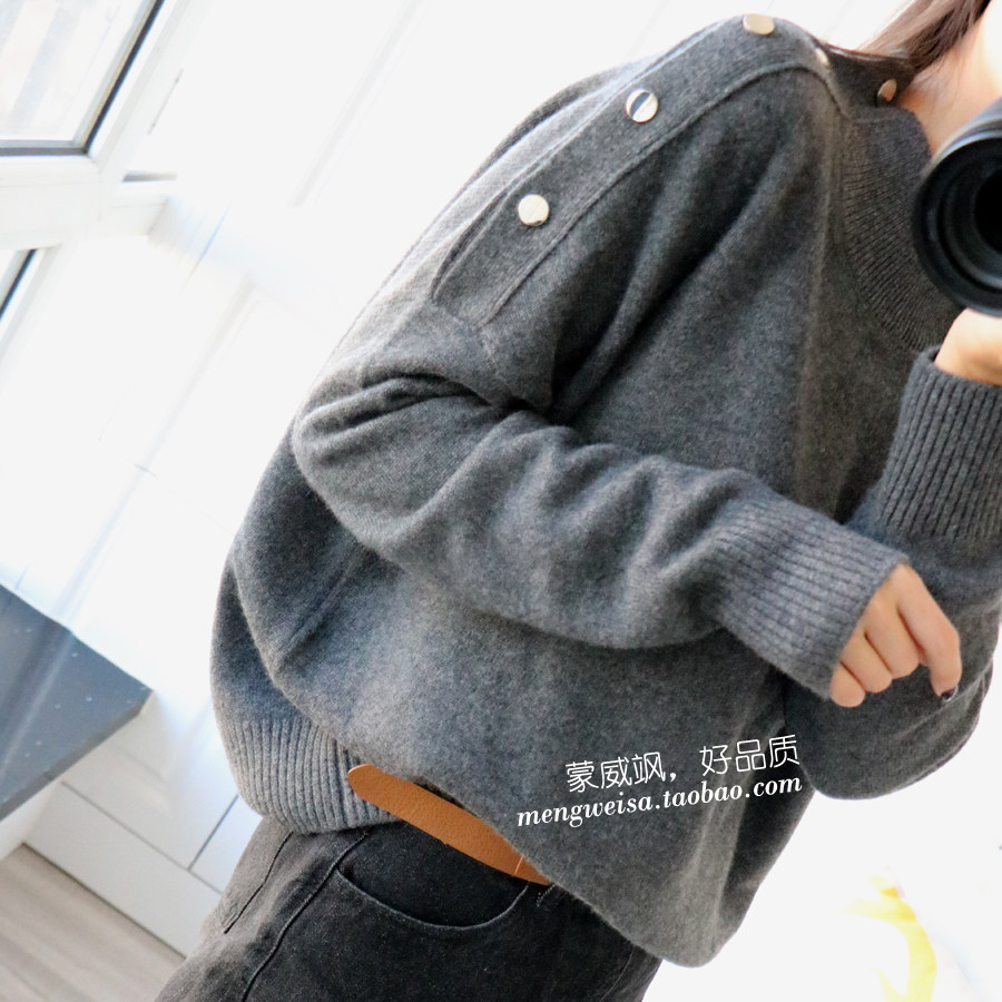 Recommended thickened shoulder buckle semi-high collar woman Leisure loose Lazy Cashmere Sweater-Taobao