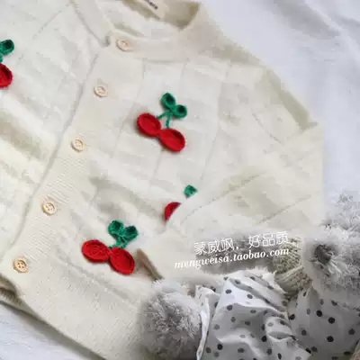 Monweisa 19 new children's hollow cashmere sweater white handmade cherry sweet cute thin cardigan round neck sweater