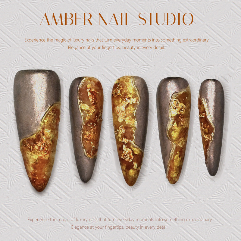 [Amber] Black Gold Drop Leaf Gold Foil Sunset Maillard Astringent Autumn and Winter Smudged Elegant Whitening Wearable Nails