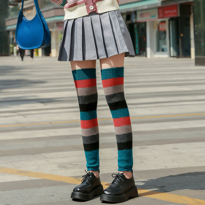 Lady Autumn Winter Lady Thickened Warm Socks Lengthened Over Knee Socks Fine Line Bubble Socks Cashmere Leg Sleeve Crash Color Knitted Kneecap