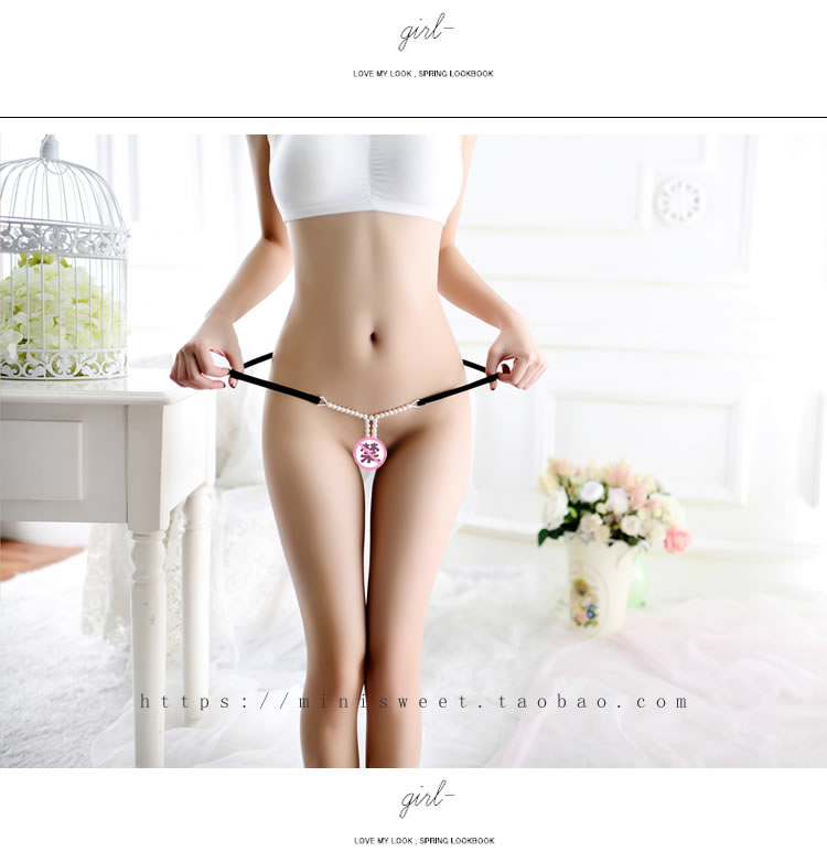 Thongs Giả Ngọc trai Massage Nữ tính Ren thấp Eo Hot Sao Trong suốt Thực tế Hông Quần lót Openwork Hạt - G-string quần xì