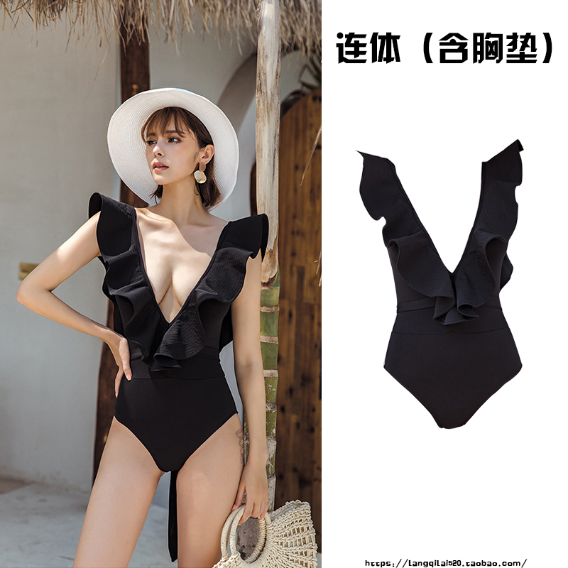 Korean ins style swimsuit women's one-piece deep V sexy solid color light luxury hot spring swimsuit bikini fashion lotus leaf collar
