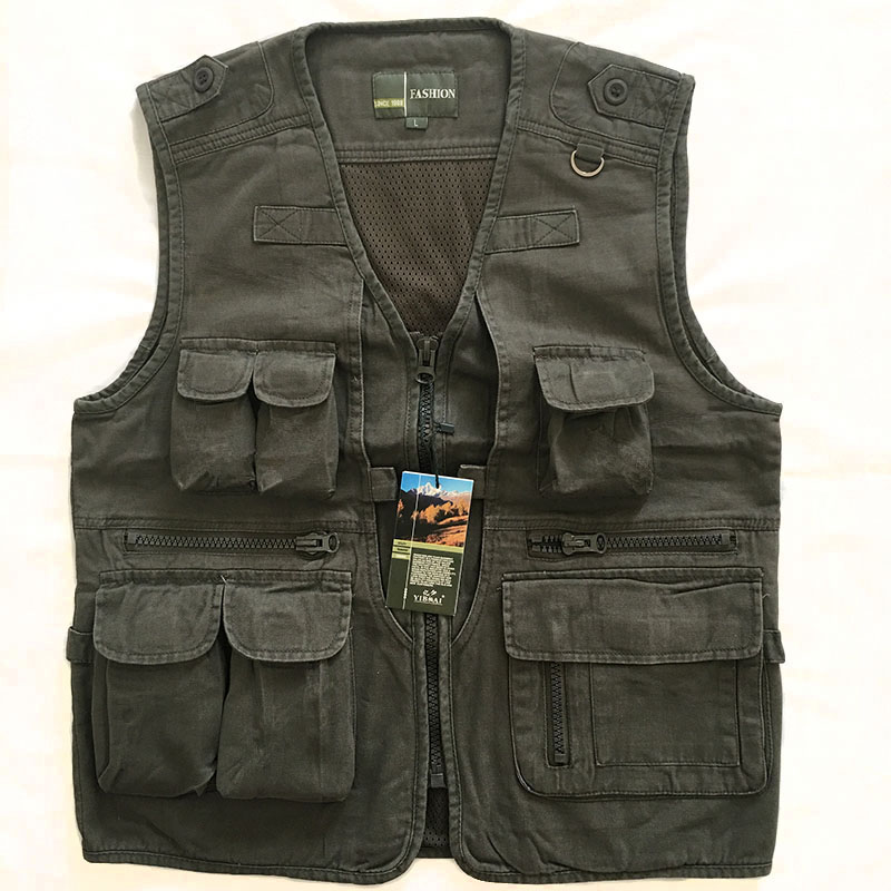 Áo vest nam có lưới lót màu xám xanh kaki giặt áo vest cotton nhiều túi áo vest cotton - Dệt kim Vest