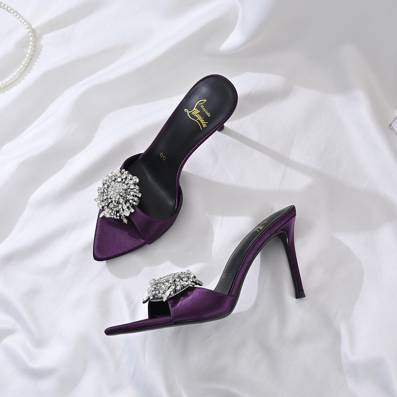 Open-Toe Silk Purple High-Heeled Shoes for Women, Summer 2026 New Style, Pointed-Toe High-Heeled Slippers for Outdoor Wear, Paired with Skirts, Single-Strap Design