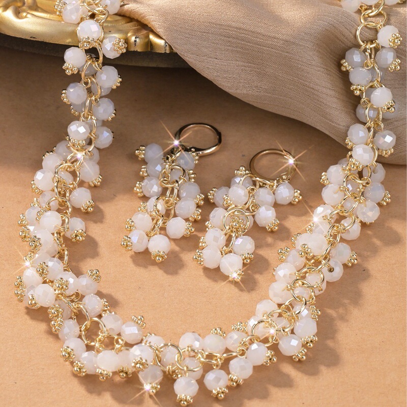 Bohemian Ethnic Style White Glass Multi-Layer Necklace and Earring Set Bridal Dress Evening Wedding Dress Clavicle Chain Bohemian Ethnic Style White Glass Multi-Layer Necklace and Earring Set Bridal Dress Evening Wedding Dress Clavicle Chain