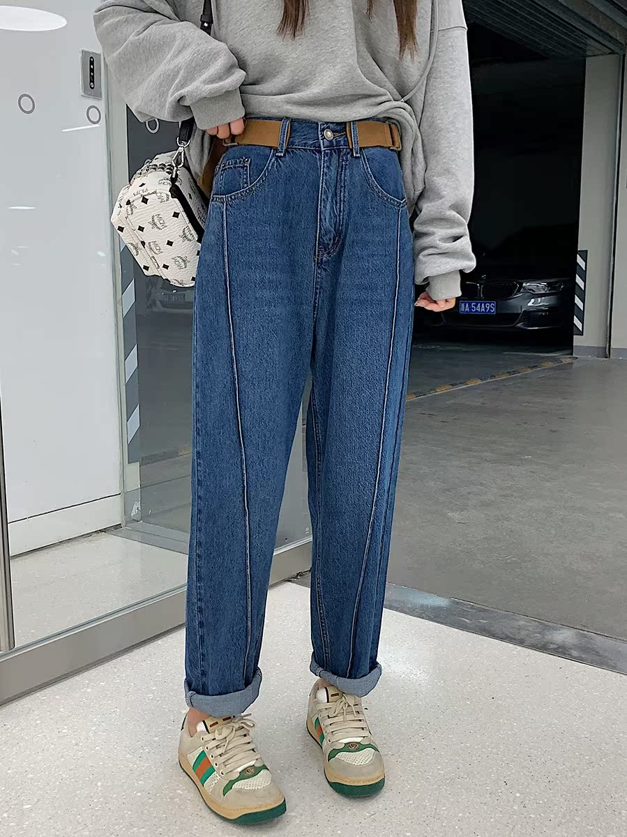 Elastic waist jeans women's 2022 new spring and autumn high waist straight pants loose daddy pants slim harem pants