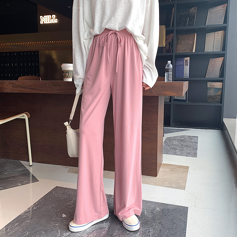 Pink ice silk wide-leg pants women's spring and autumn drape high-waisted new straight-leg pants look thin and cool loose floor-mopping casual pants