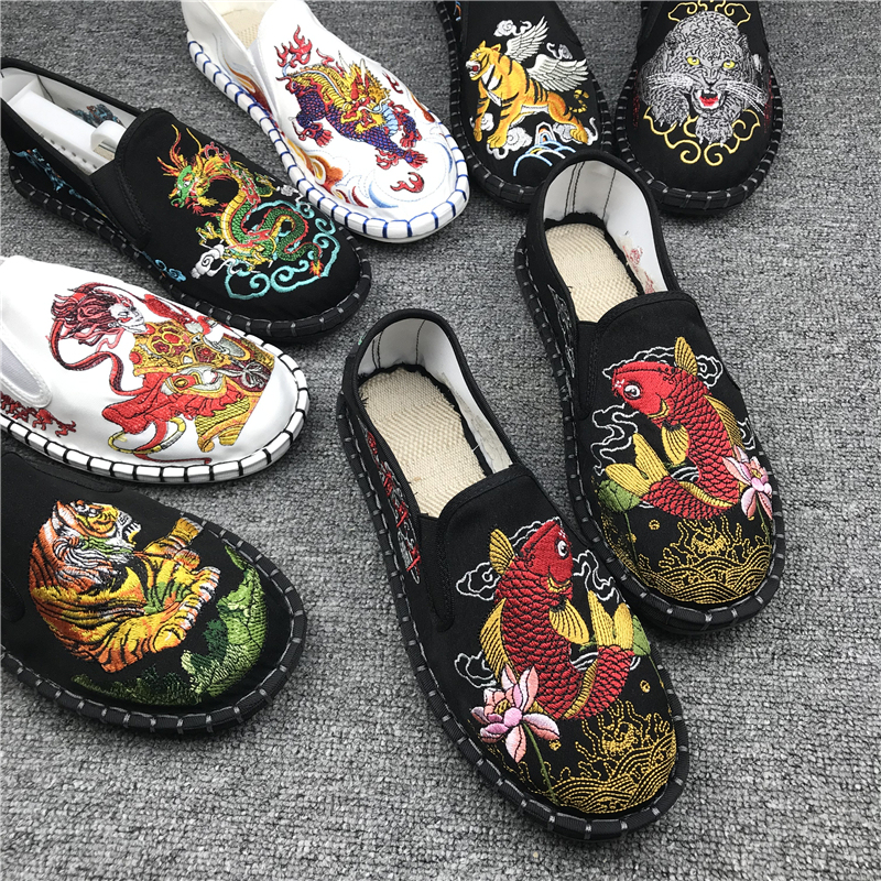 Old Beijing Cloth Shoes for Men, Summer Breathable Versatile Casual Embroidered Chinese Style Slip-On Lazy Shoes, Sweat-Absorbent Canvas Shoes