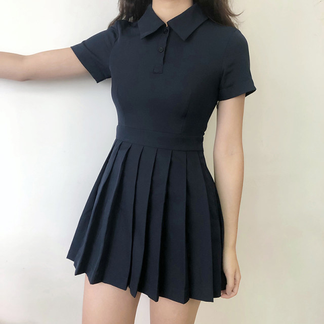 GoGirlGo homemade lapel tennis ສາວ POLO ເສື້ອຍືດແຂນສັ້ນ pleated ແມ່ຍິງ A-line skirt