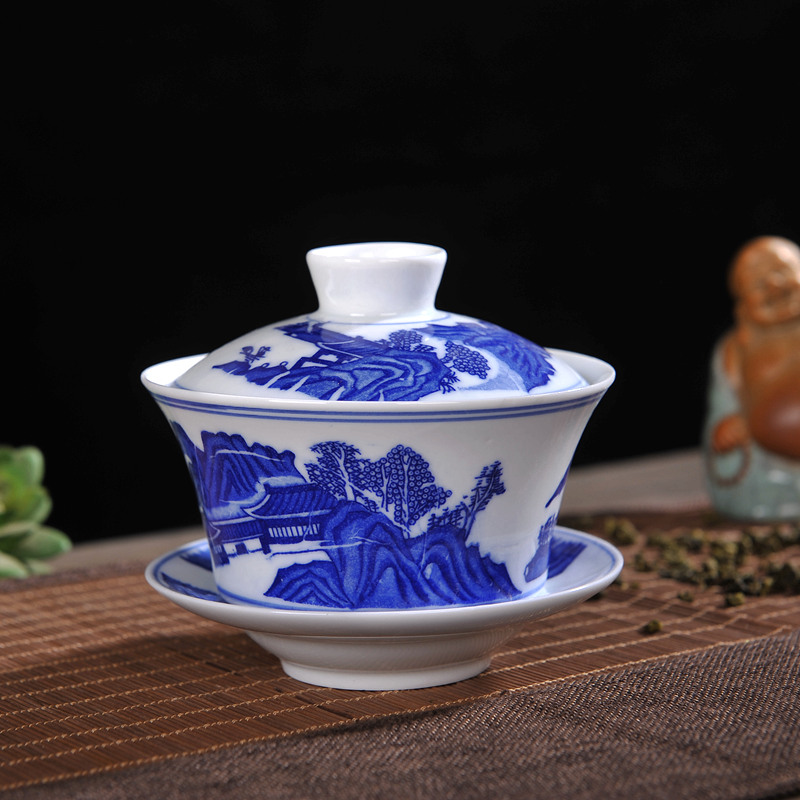 Bát lớn, tách trà, bát trà, bộ trà Jingdezhen, gốm sứ màu xanh và trắng, ba tài năng, củi 300ml, tách trà cũ bộ tách trà