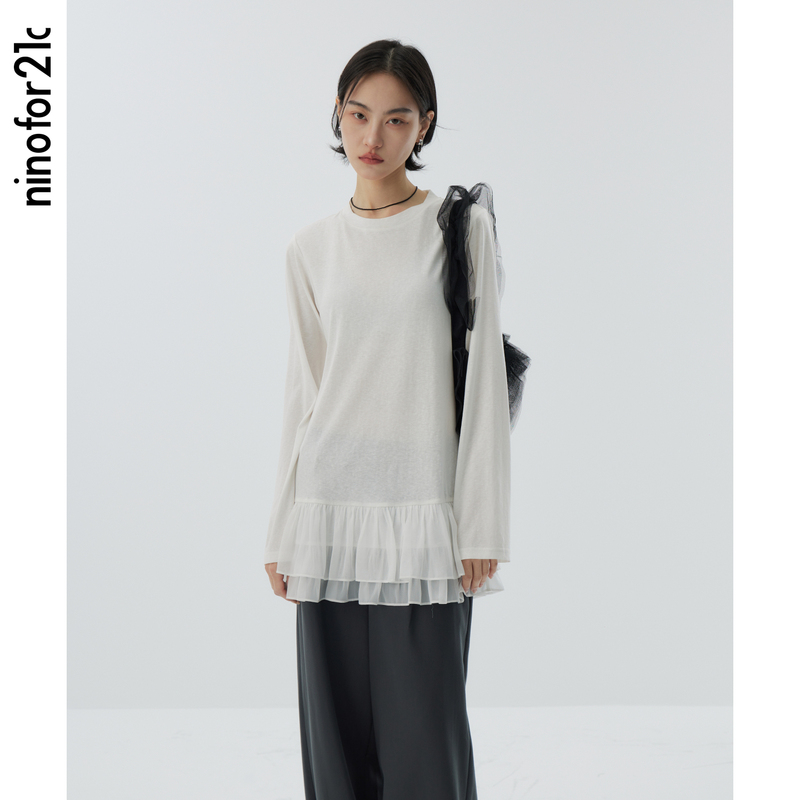 Osomxelei "Collaboration Edition" Round-Neck Lace Cake Skirt Hem Loose Long-Sleeve White T-Shirt All-Season Base Shirt