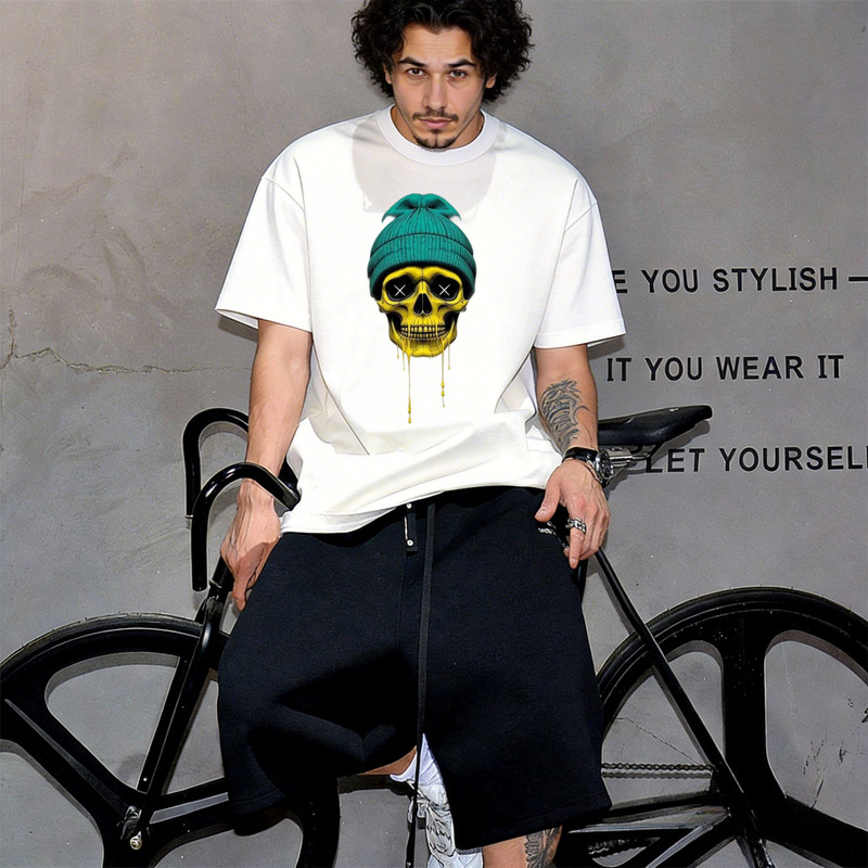 American Retro Green Hat Skull Print Short-Sleeved T-Shirt High Street Heavyweight Pure Cotton Loose-Fitting Unisex Trendy Brand Top