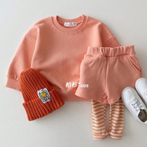 Korean childrens clothing 2022 spring and autumn infant childrens sweatshirt set baby candy color fake two pieces of sports suit foreign atmosphere
