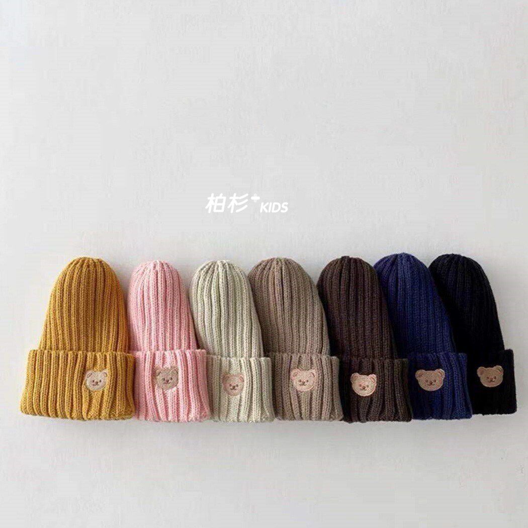 Korean children's clothing 2021 autumn and winter infants and young children embroidered bear head candy-colored wool hats boys and girls conical hats