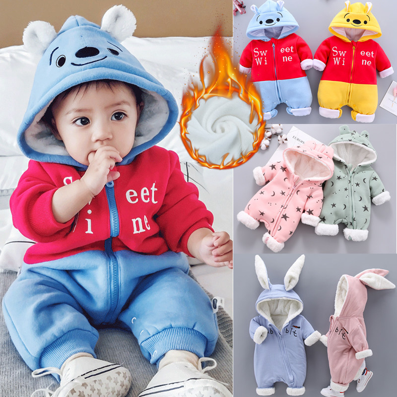 Infant children's autumn and winter clothing newborns with sweaters and velvety boy khaclothes 9-12-month-old baby winter style out of climbing clothes