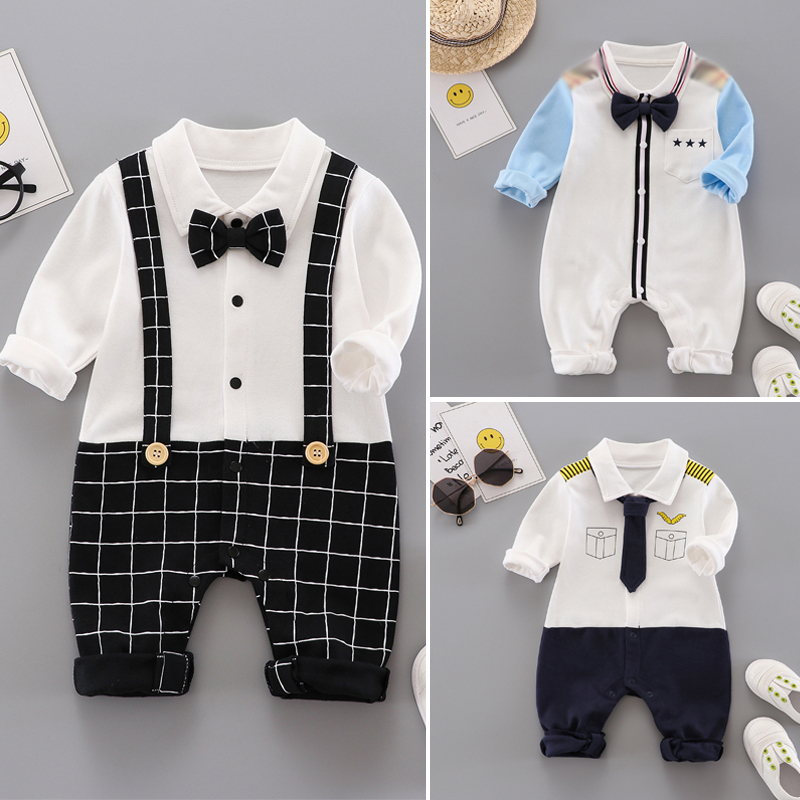 Baby jumpsuit autumn long-sleeved climbing clothes handsome 6 months newborn romper spring and autumn bow tie 3 baby clothes