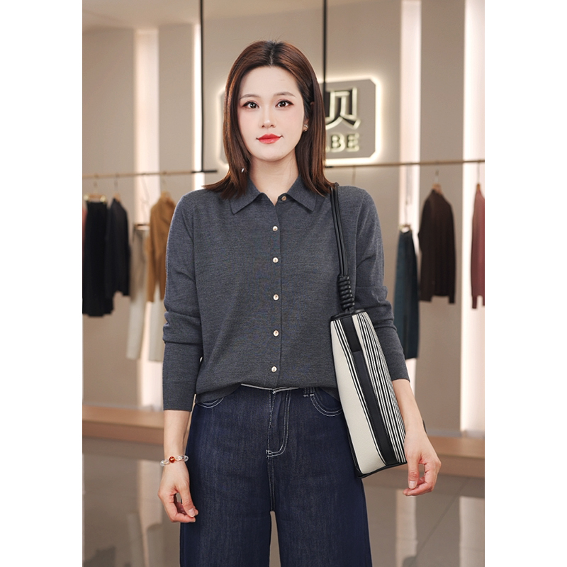Fine-Spun, Machine Washable [100% Wool] 2026 Autumn New Style Shirt Collar Knitted Cardigan Long-Sleeved Women's Wool Sweater