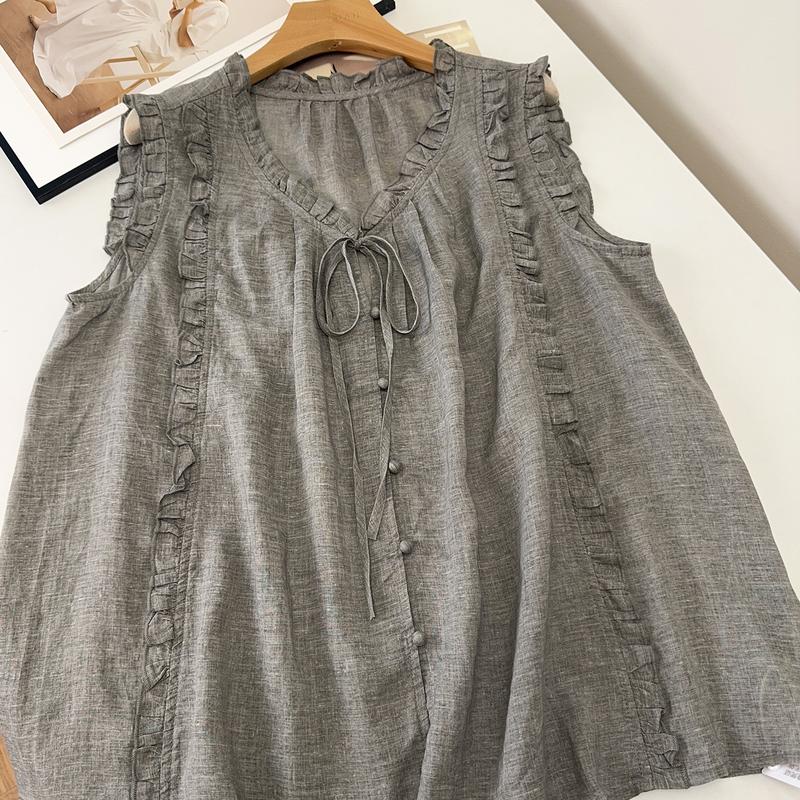 55% Ramie + 45% Tencel, Extremely Comfortable and Cool Sleeveless Shirt! Ruffled Loose-Fitting Women's Shirt with Tie