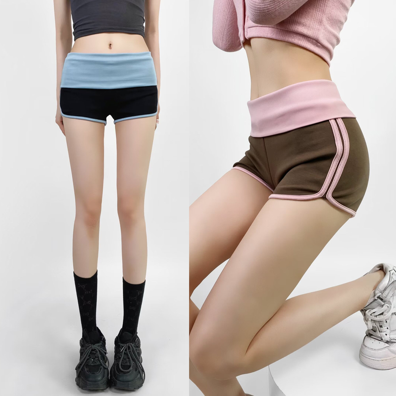 Retro Color-Blocked High-Waisted Rolled-Up Slimming Casual Shorts for Women, Hot Girl Sports Hot Pants, Trendy Spring and Summer Contrasting Color Tight Yoga Pants