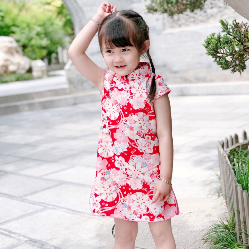 Girl's New Qipao 2022 Summer Children Princess Dress Baby Retro Child Clothing Cotton Hemp Printed Chinese Dress