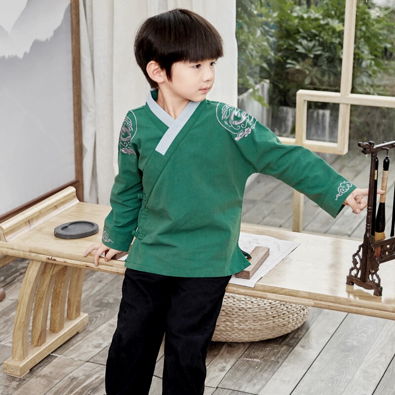 Children's Chinese clothing suit boys spring cotton linen Chinese style boy antique baby school clothing modified embroidered Chinese clothing