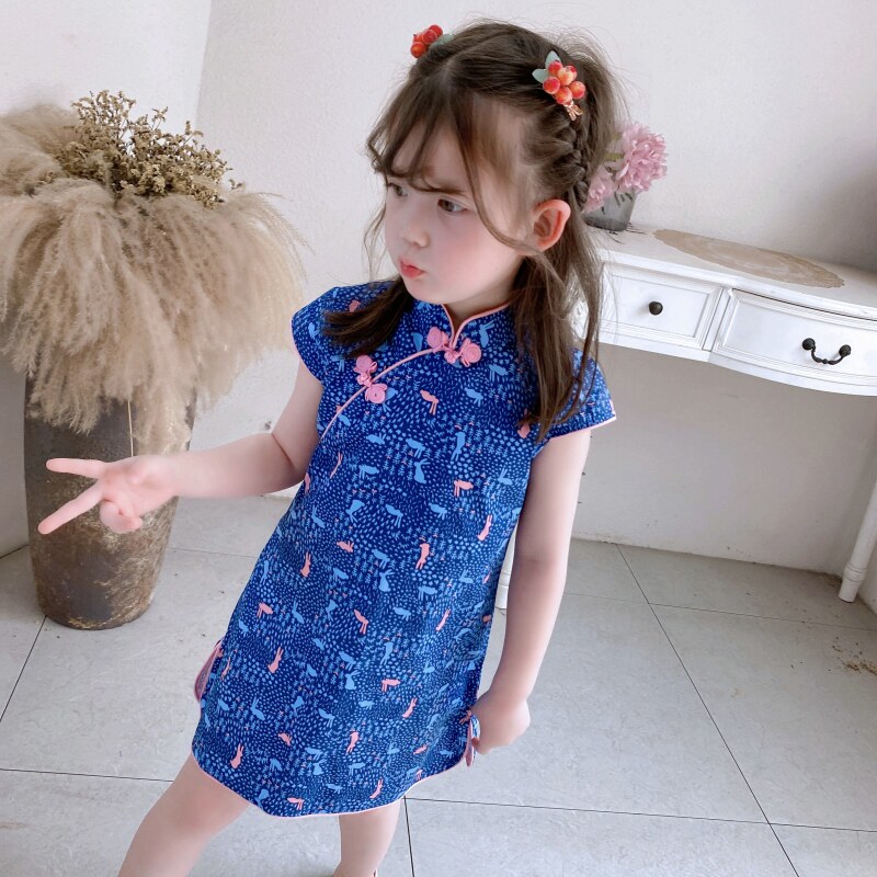Girls summer new cheongsam children's Tang suit dress girl Chinese style princess dress cute floral Hanfu