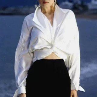 2025 Early Spring New French-Style Loose Lace-Up Long-Sleeve Gong Li Cannes Style Knotted White Shirt for Women Hc042