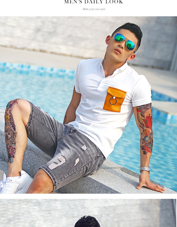 Mùa hè 2018 mới màu tương phản túi hoop áo polo ngắn tay nam Slim cotton co giãn POLO thể dục nam shop bán áo thun nam có cổ
